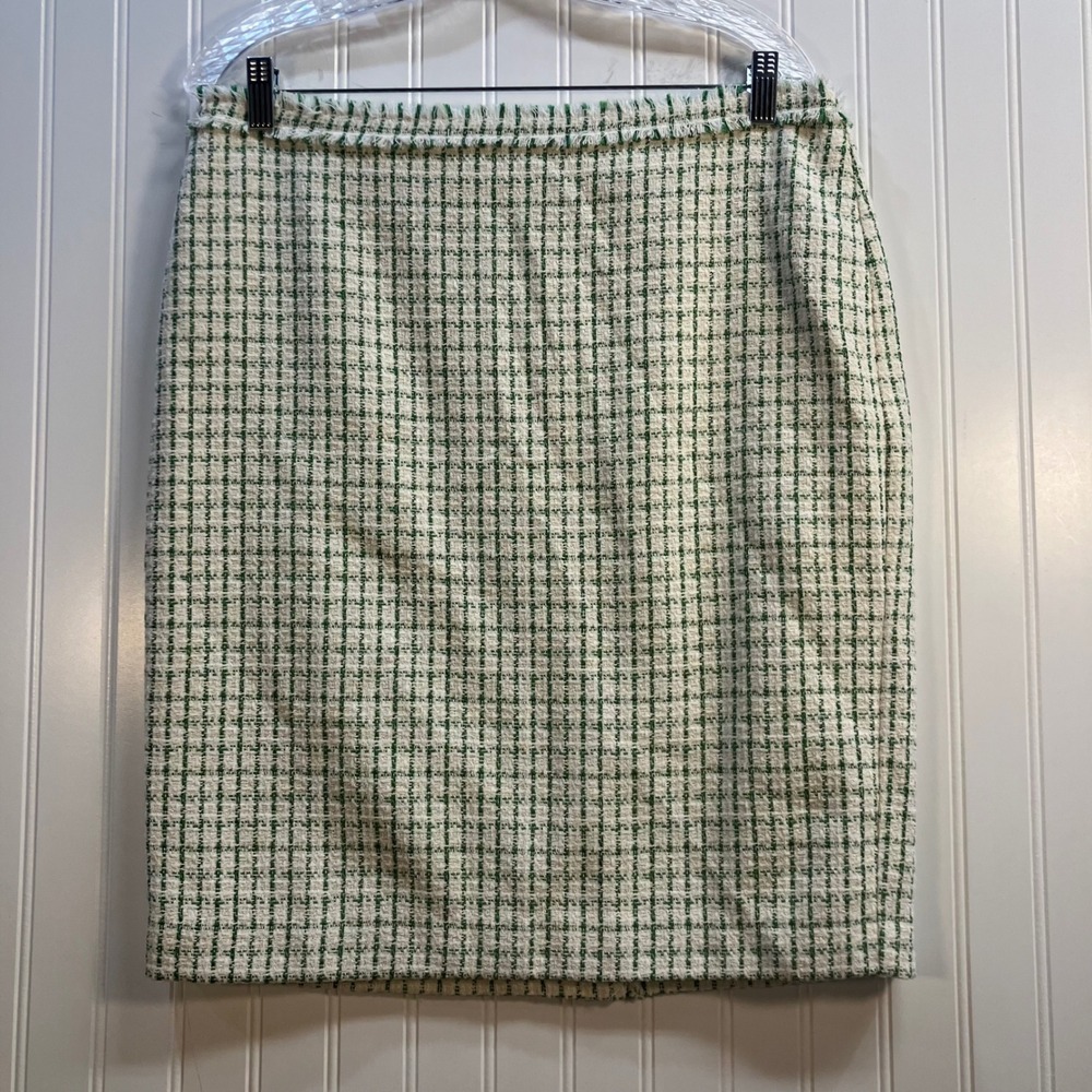 Ann Taylor Kelly Green White Tweed Plaid Fringe Pencil Skirt Petite 12P Twee